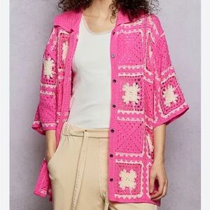 POL Boho One size Hot Pink Crochet Cardigan with Cream Trim